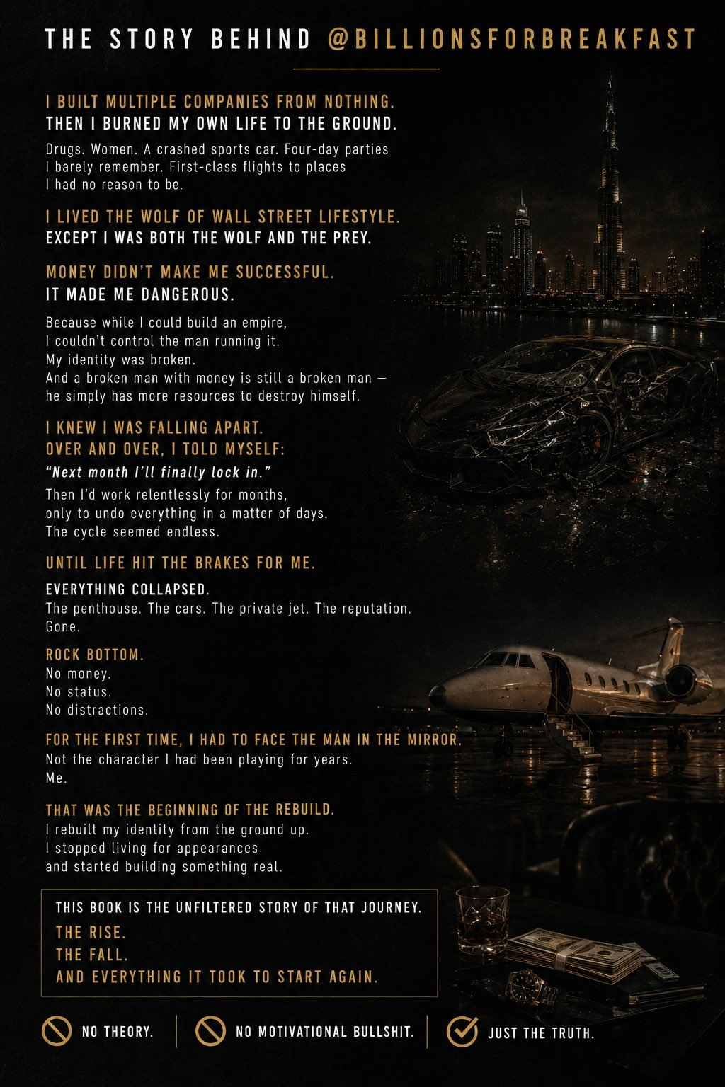 The story behind @BillionsForBreakfast — a wrecked sports car, private jet and Dubai skyline at night
